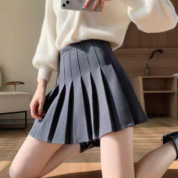 

Coffee Wool High-Waisted A-Line Pleated Mid-Length Skirt - Autumn/Winter Collection M 95-105 jin