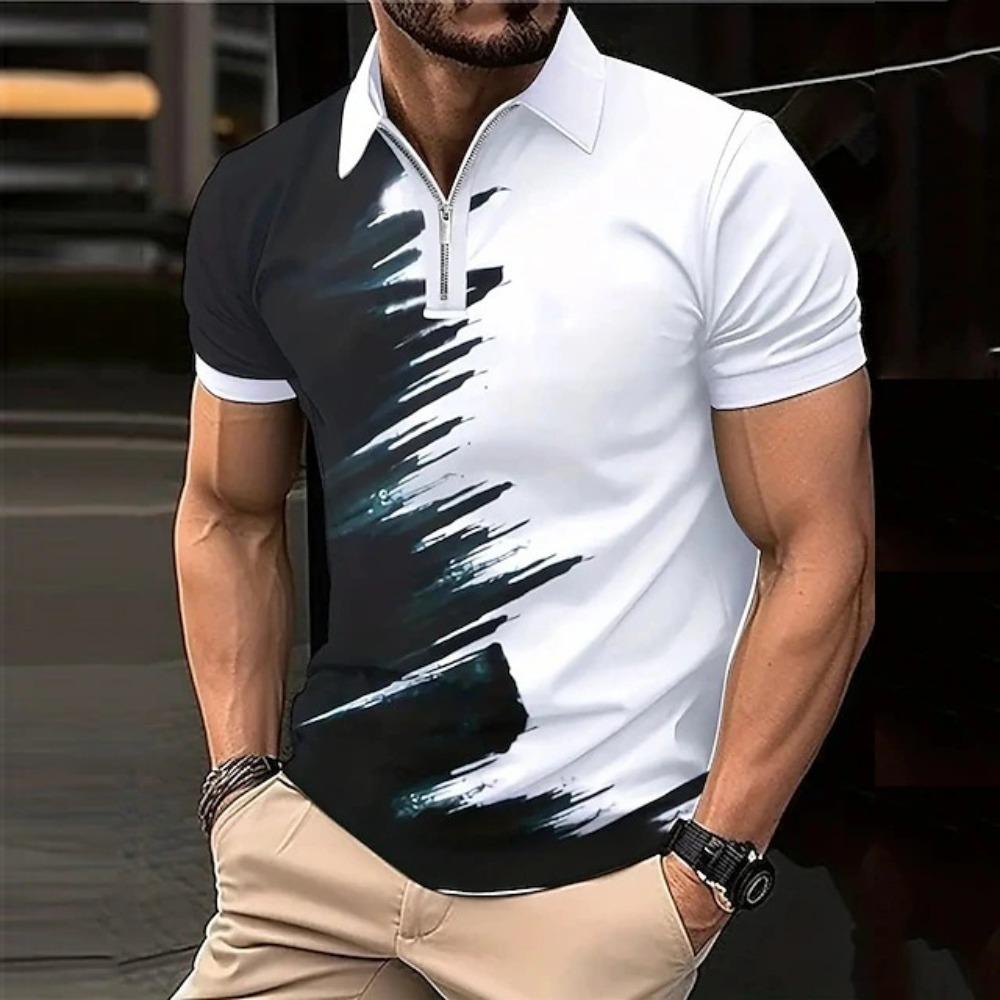 New Summer 3D Printed Short Sleeved Polo Shirt for Men's Casual Loose T-shirt with Zipper