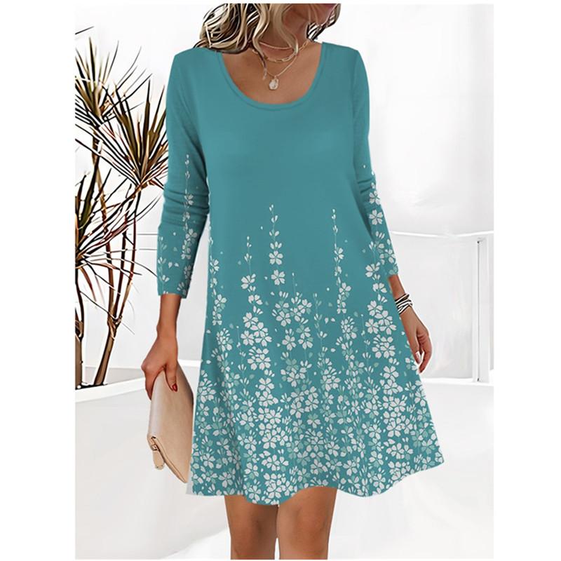 Women Autumn Long Sleeve O-Neck Dress Vintage 3D Floral Printed Elegant Lady's Dress Big Size Casual Loose A-Line Dress