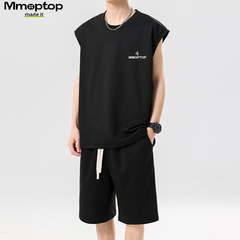 MMOPTOP American-Style Sleeveless Ice Silk Vest Summer Men's Comfortable Breathable Short-Sleeve Shorts Set MTX08 Black XL