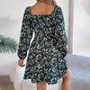 Floral Long Sleeve A Line Dress for Women High Waist V Neck Summer Spring Long Dress Pleated Elegant