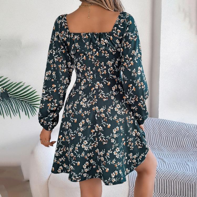 Floral Long Sleeve A Line Dress for Women High Waist V Neck Summer Spring Long Dress Pleated Elegant