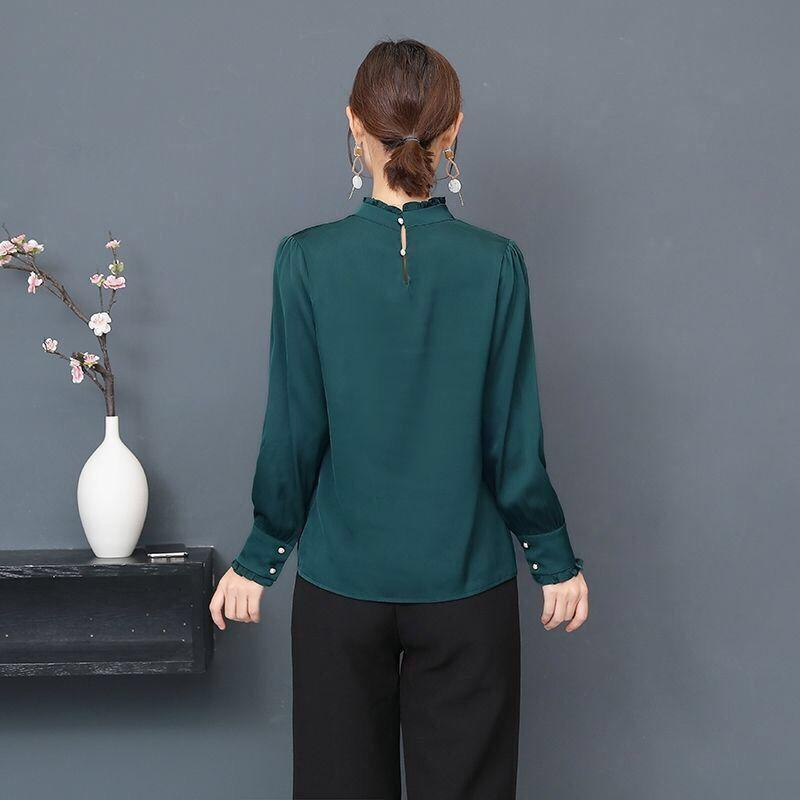 Damen Herbst Langarm Rollkragen Professionelles Chiffonhemd, Locker sitzende Übergröße, Kunstseidenhemd, Unterhemd