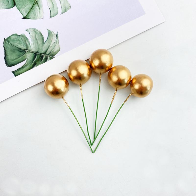 Sada zlatých kuličkových dekorací na dort - 10 kusů: Pěnová koule Narozeninová pekařská zapichovátka a doplňky na dezertní stůl