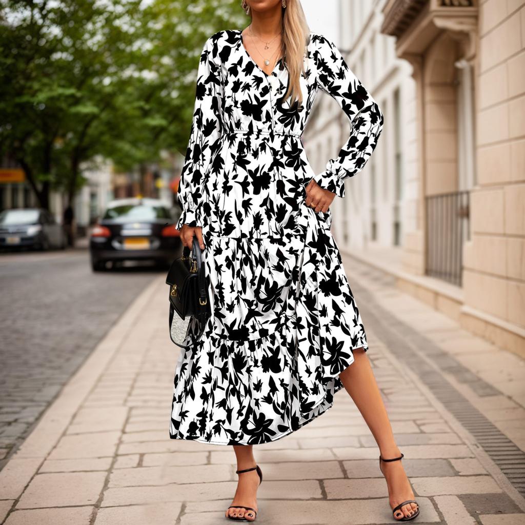 Damen Casual Langarm V-Ausschnitt Maxi Floral Bohemian Maxi Hochzeitsgastkleid