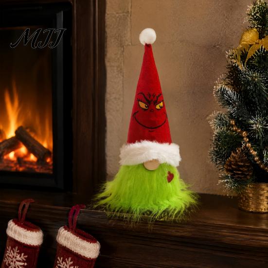 Front Wall Festive Hanging Decor Christmas Tree Green Haired Plush Ornament, Stuffed Animal Doll Dwarf Garden Holiday Accents Figurine, Party Supplies