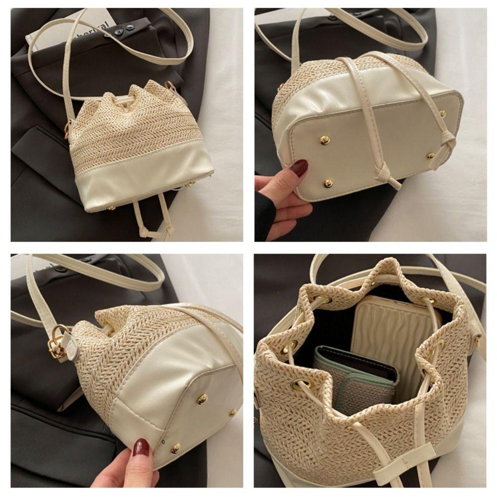 Bohemian Style Raffia Bag Woven Drawstring Bucket Bag Simple Weave Straw Crossbody Bag Holiday