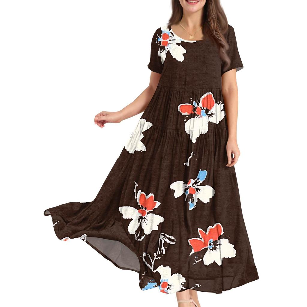 Dámské letní šaty s kulatým výstřihem, krátkým rukávem, květinovým potiskem, boho, volné