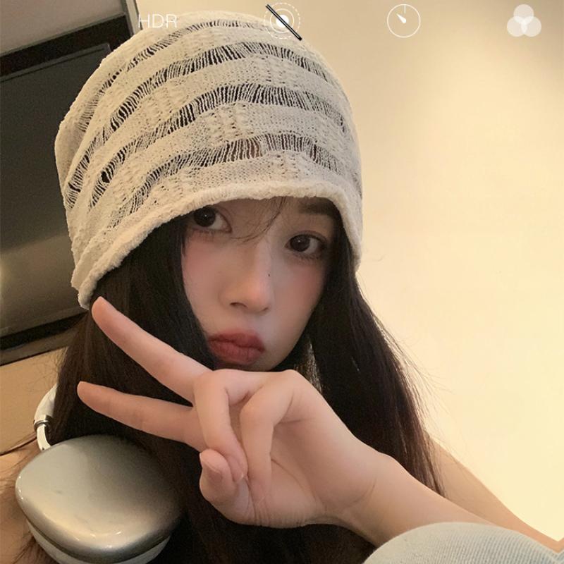 Stacked Hat, Female, Thin, Breathable Cotton and Linen, Cold Hat, Japanese Style, Knitted Hollow Out, Big Head Circumference, Small Face, Toe Cap