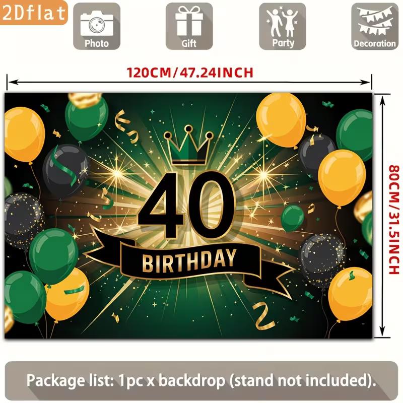 2D 40th Birthday Party Backdrop Green Gold Balloon & Crown Themed Photography Background