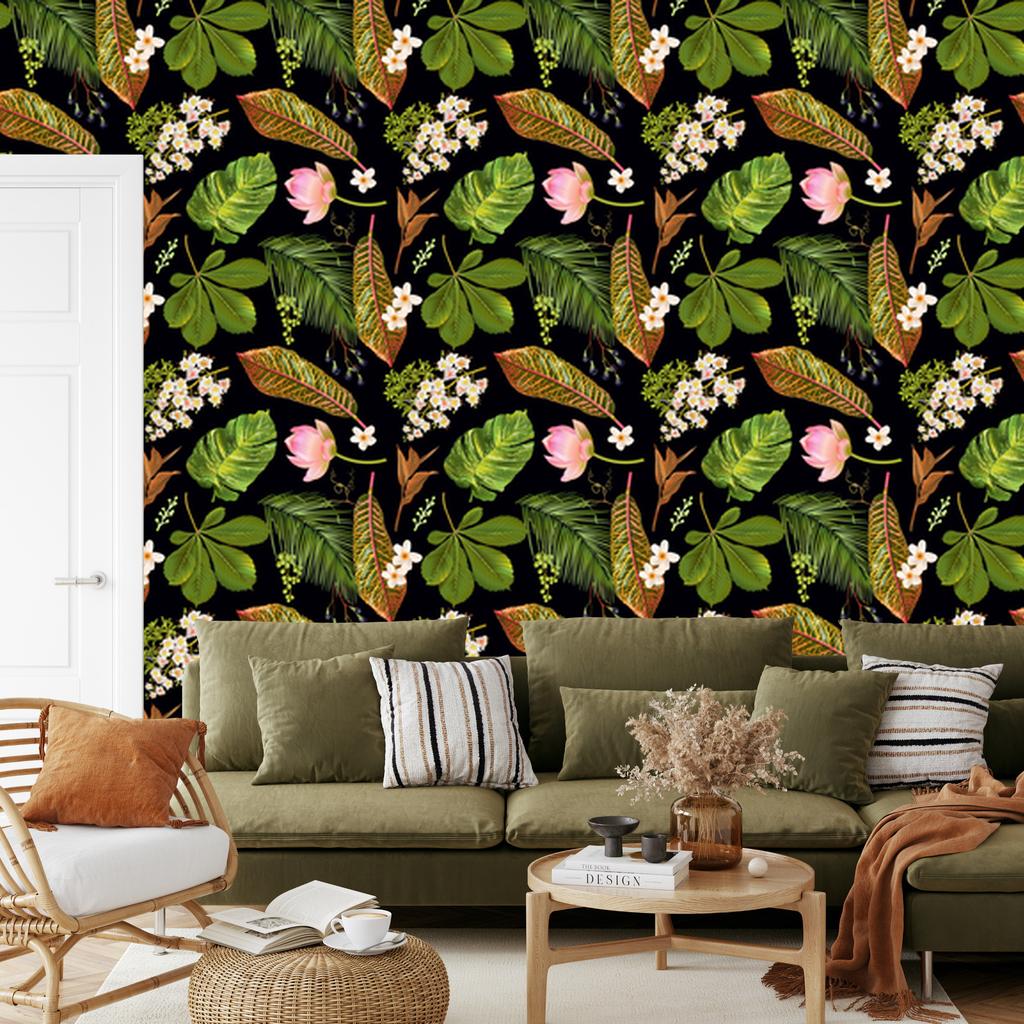 Tropical Flowers and Leaves Wallpaper for Living Room and Bedroom 50x1000
