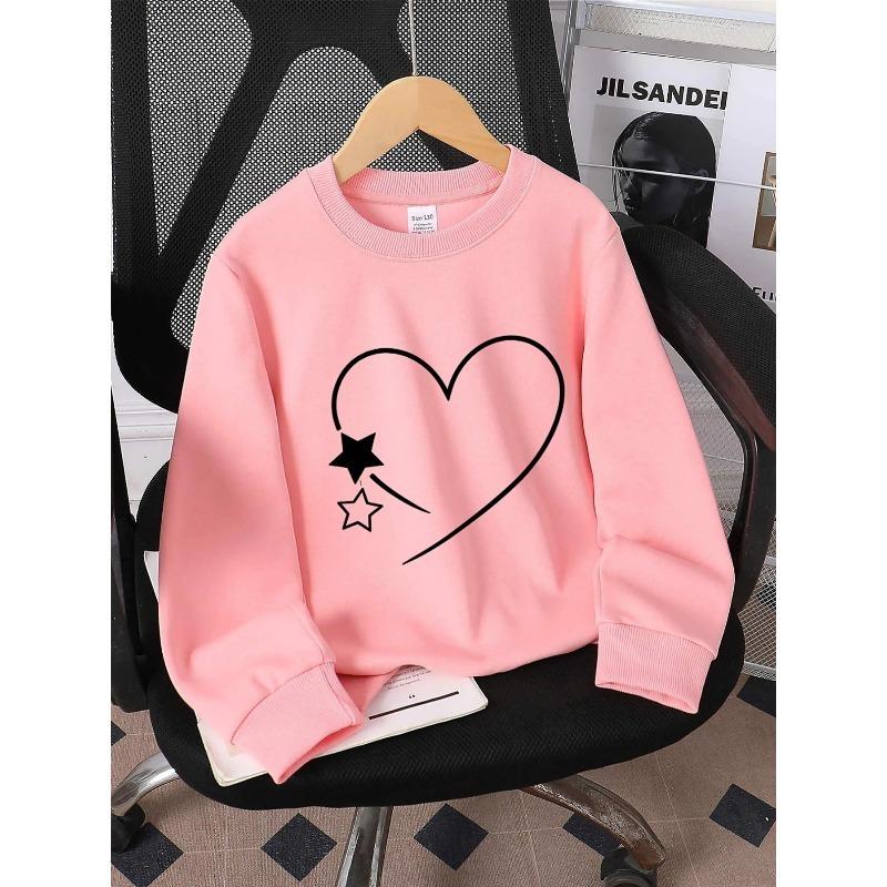 Girls' Crewneck Sweatshirt - Heart Star Outline Pattern Print Design Machine Washable, Spring And Autumn, Sportswear And Casual Wear