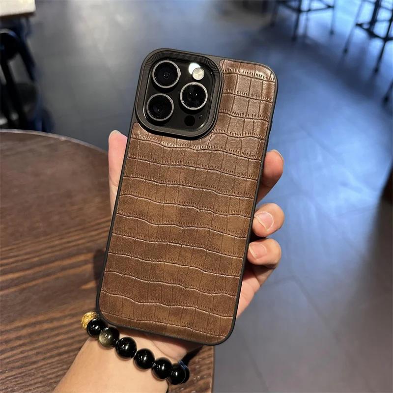 Fashion Cool Black Crocodile Pattern Leather Solid Color Phone Case For iPhone 11 12 13 14 15 Pro Max Shockproof Soft Cover Men