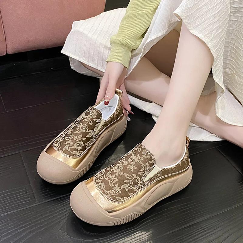 

Fashion Sneakers Print Flats Platform Women Sport Shoes Casual Loafers Walking Running Shoes 2024 Summer Fashion New Cozy Zapatos Female 40 золотой