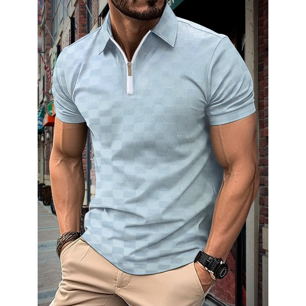 

Мужская повседневная рубашка-поло с короткими рукавами и жаккардовыми лацканами на молнии XXXL светло-синий