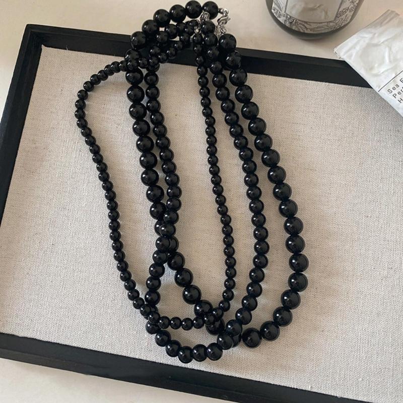 Bohemia Imitation Pearl Choker Necklace Long Black Pearls Necklace for Women