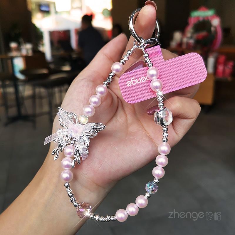 High-end Gemstone Butterfly Pearl Mobile Phone Chain Ins Fashion Women's Wrist Pendant Beaded Chain Short Style