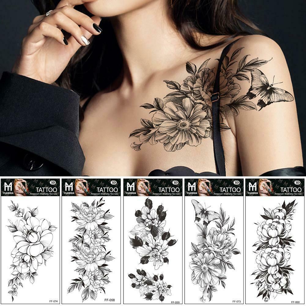 Tatouage Femme Fleur Epaule Acheter 1 Feuille Fleur Tatouages Temporaires Pour Femmes Imperméable Noir  Tatouage Autocollants 3D Fleur Dame Épaule DiY Tatoos | Joom