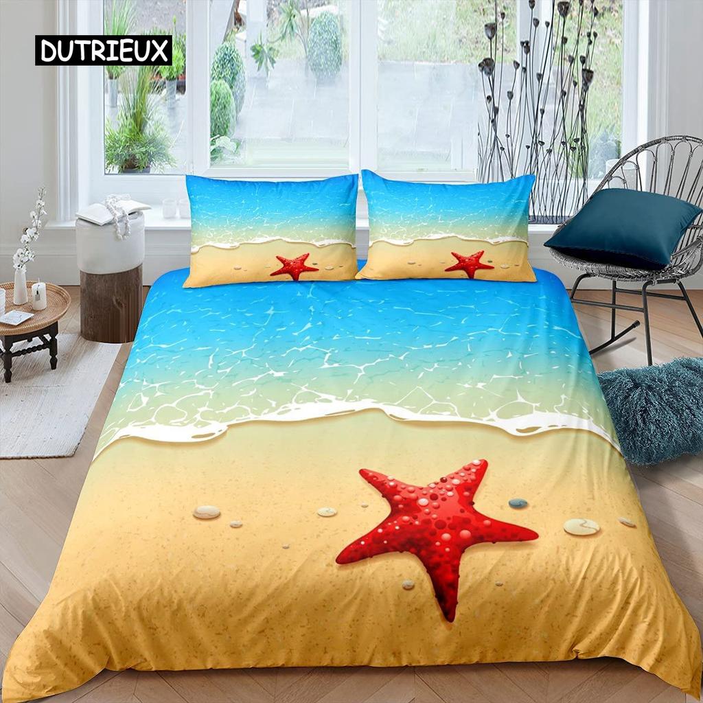 Starfish Duvet Cover Set Summer Beach Seashell Starfish Twin Bedding Set Polyester Hawaiian Tropical Nature Sea King Quilt Cover