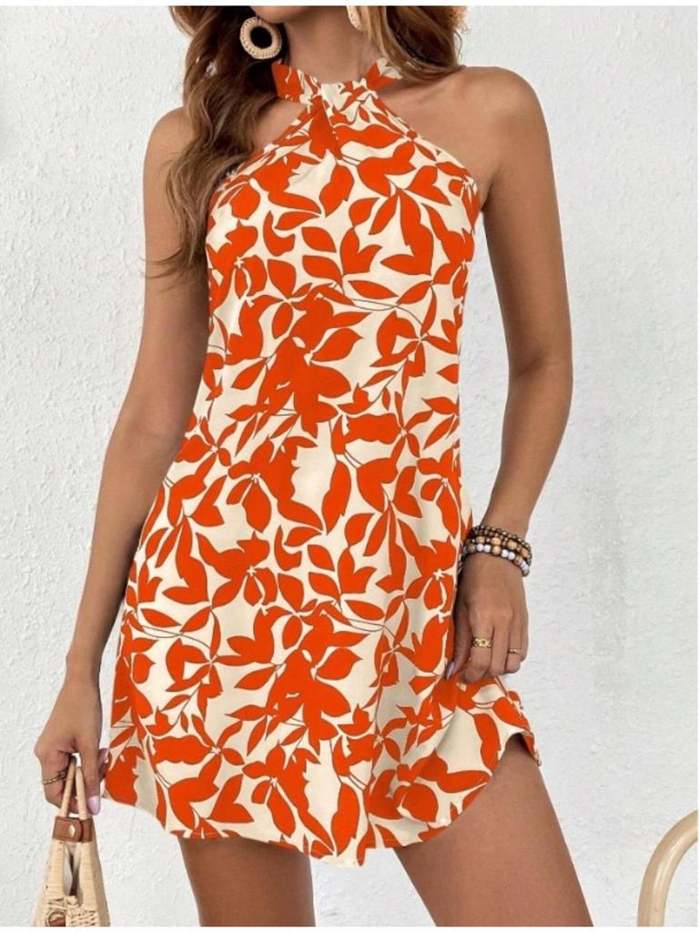 Halter Neck Flower Print Dress Lace Up Ruffle Edge Backless Dress Sleeveless Chiffon Dresses Causal Women Dress
