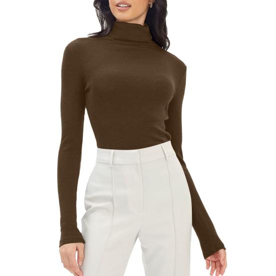 Women Bottoming Tops Slim Fit Stacked Collar Long Sleeve Solid Color Pullover Shirt Elastic Jumper Daily Wear