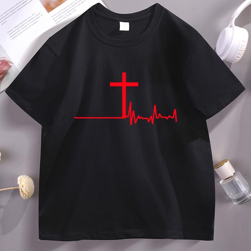Women Graphic T-Shirt Christian Cross Heartbeat Tshirt Religious Faith Short Sleeve Soft Breathable T Shirt Unisex Clothes Tops