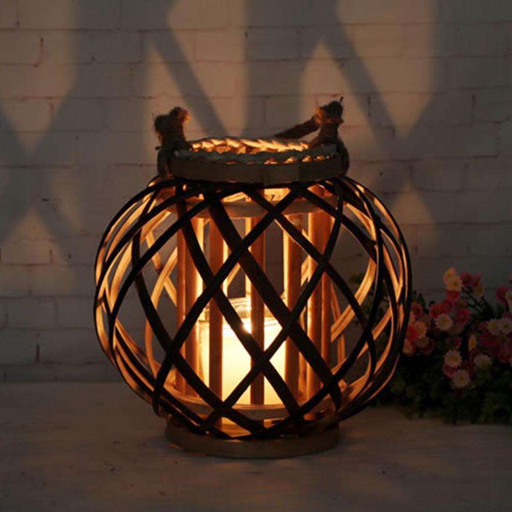 

Round Wedding Vintage Wooden Wicker Lantern Candlestick Living Room Tealight Holder Hanging Windproof Crafts Festival Home Decor
