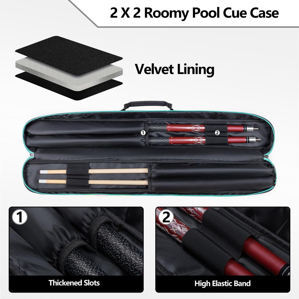 GOBUROS Cue Case, Holds 2 Butts and 2 Shafts, Billiard Cue Case, Pool Cue Bag, 1/2 Billiard Cue Bag (Green Zipper)