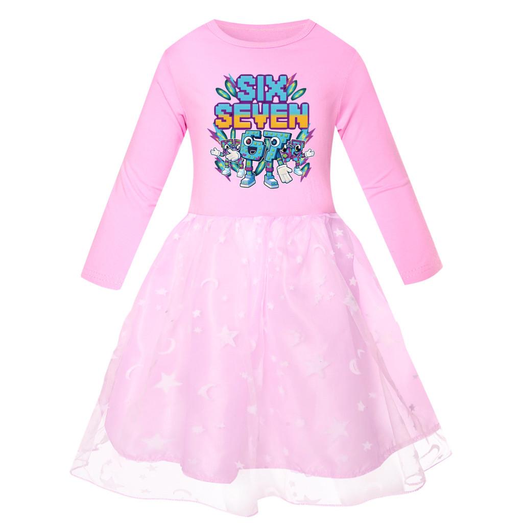 5220 Kids Girls Steal a Brainrot 67 Six Seven Print Mesh Rainbow Round Neck Casual Casual Cotton Dress