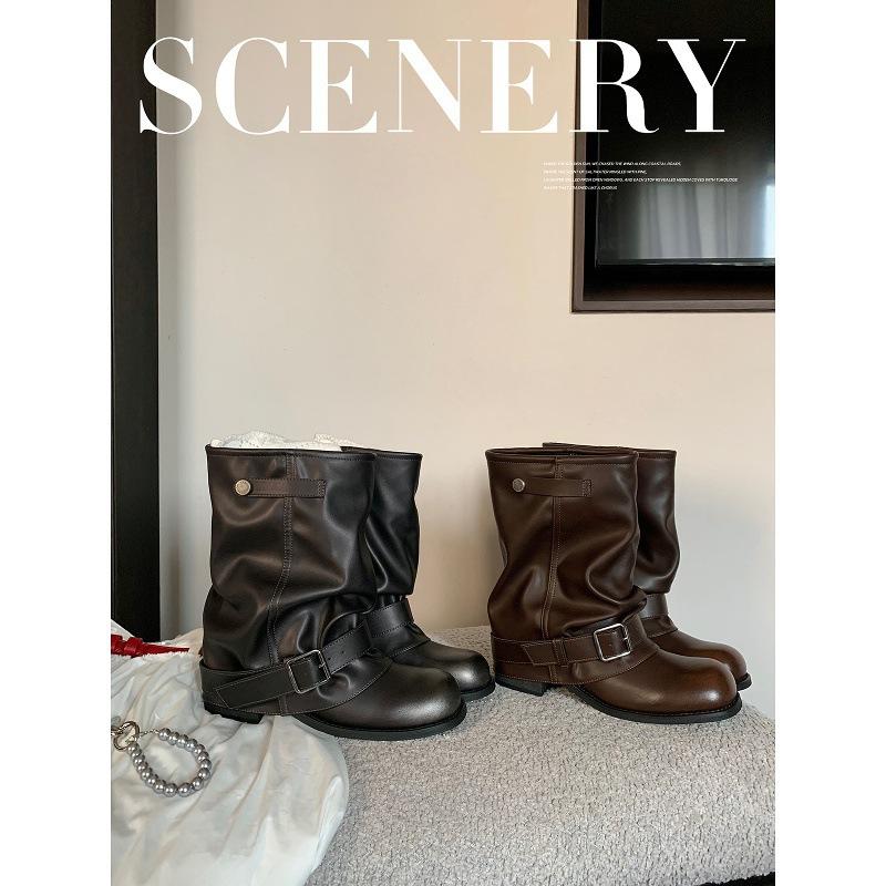 Genuine leather~ inner height increase western cowboy pile boots women's 2025 autumn pleated trousers short boots retro knight martin boots