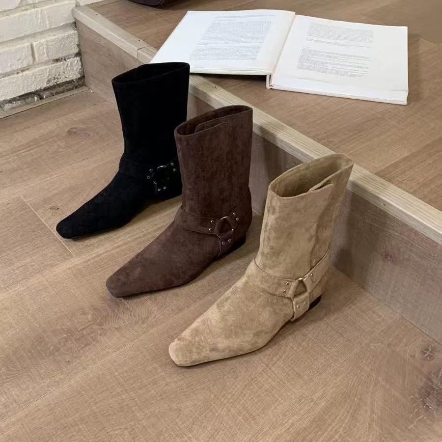 

2025 autumn and winter new fashion versatile retro niche square head belt buckle folded two wear medium boots women thick 39 коричневый