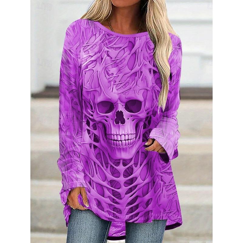 Women's Skull Pattern Printed Round Neck Long Sleeve T-shirt Fashion Casual Top Hoodie Clothing