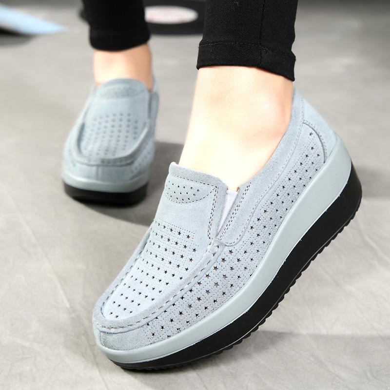 Fashion Women Wedge Heels Platform Shoes Genuine Leather Loafers Casual Walking Shoes Non-slip Mother Shoes