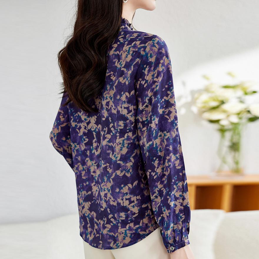 Fashion Printed Double Crepe Silk Shirt Women's Long Sleeve Lace Collar Shirt Spring New Age Reducing Mulberry Silk Top