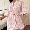 Women's Cloud Cotton Print Kimono Bathrobe - Bubble Gauze, Spring/Autumn Wear, European/American Style.
