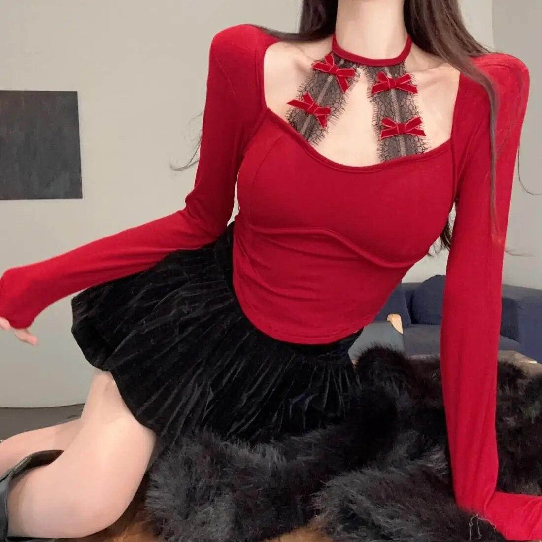 

Женские футболки с квадратным воротником и длинными рукавами, милые Y2k, сексуальный кружевной укороченный топ с эстетическим бантом, шикарные японские модные тонкие футболки M красный