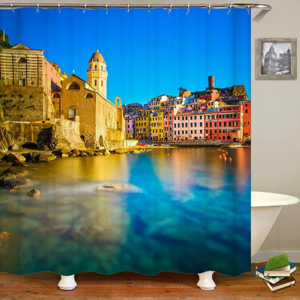 Beautiful Natural Scenery City Town Shower Curtains Bathroom Waterproof Polyester Fabric Bath Curtain Landscape Decor Curtains