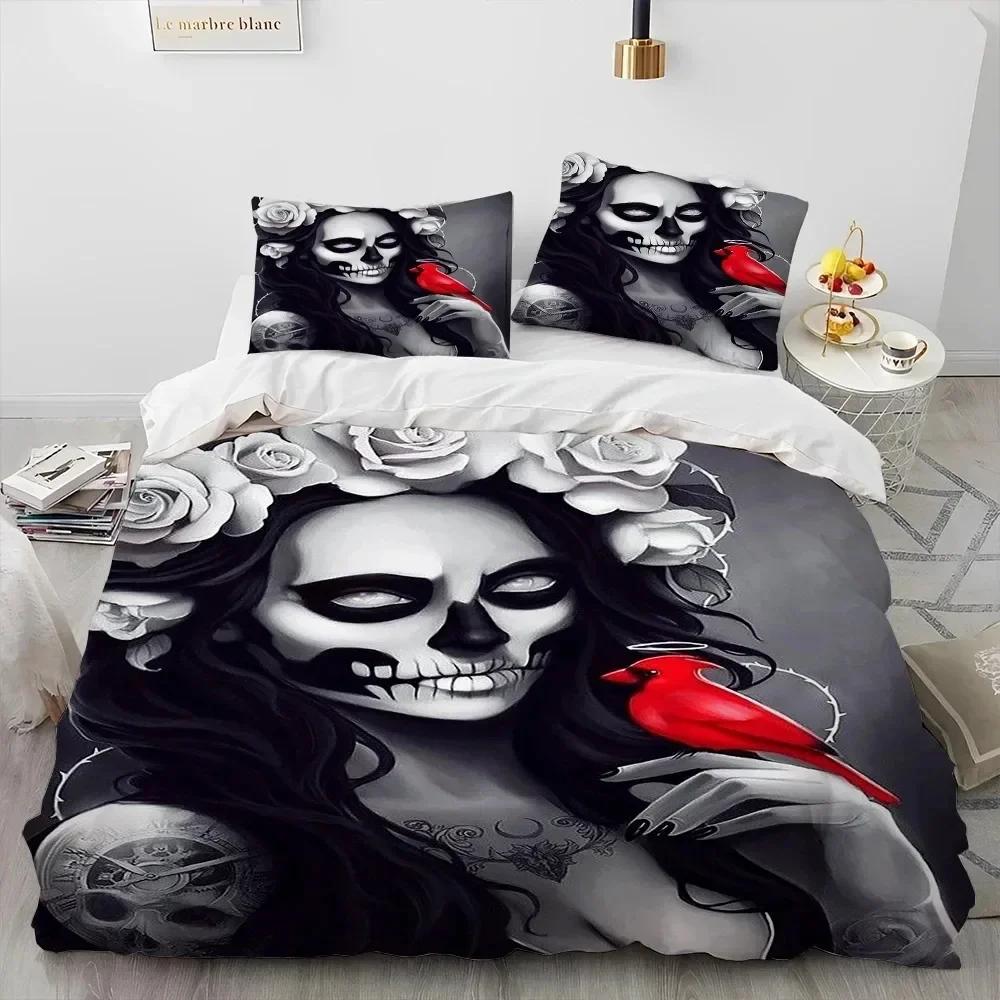 3D Horror Gothic Female Skull Dead Girl 3D Duvet Cover Bedding Set Comforter Linen Pillowcases Home Decor Single Twin King Queen