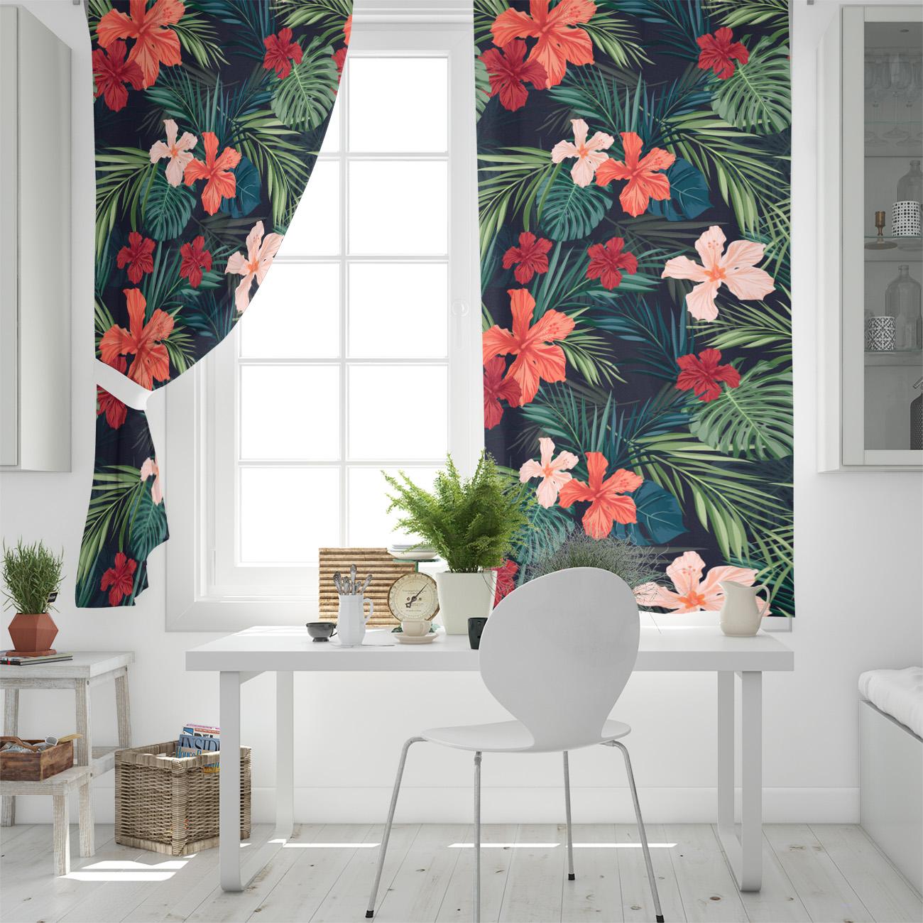 Цветочный узор Растение Темные джунгли Пальма Яркие шторы на окна Живописные шторы — фото 5