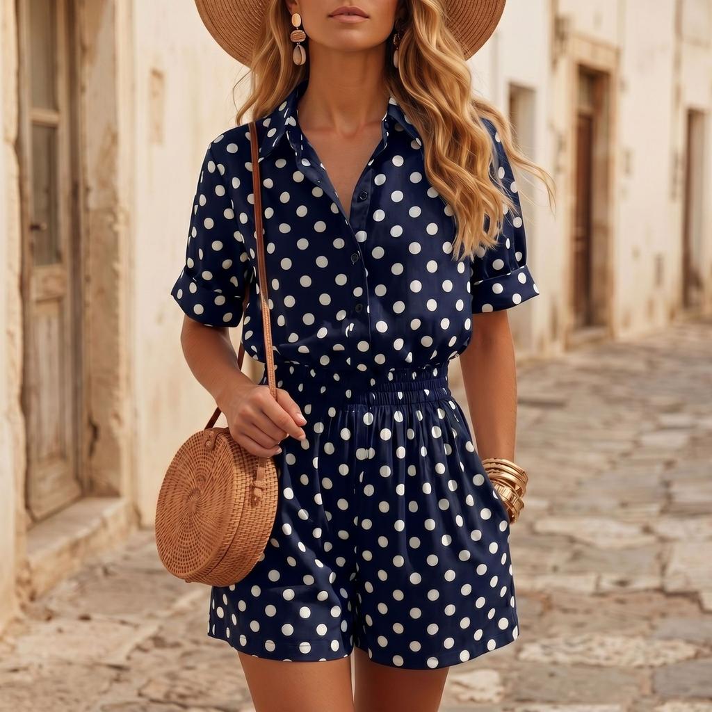 Ensemble deux pièces pour femme Chemise boutonnée à manches courtes et Short à taille élastique Imprimé à pois Tenue d'été décontractée