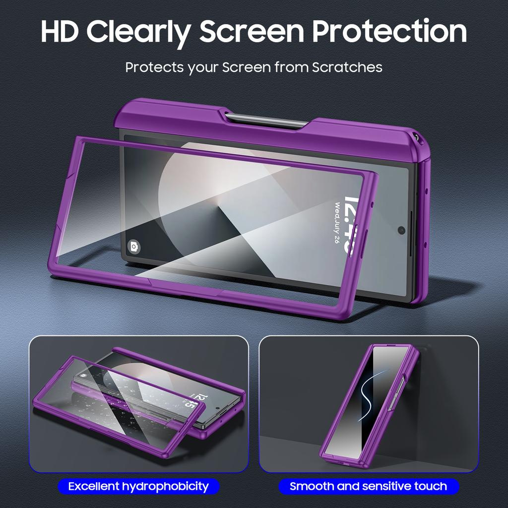 For Samsung Galaxy Z Fold 6,Back Card Pack,Integrated Pen Slot,Full Coverage 9H Protective Film,Shockproof Phone Case-Purple