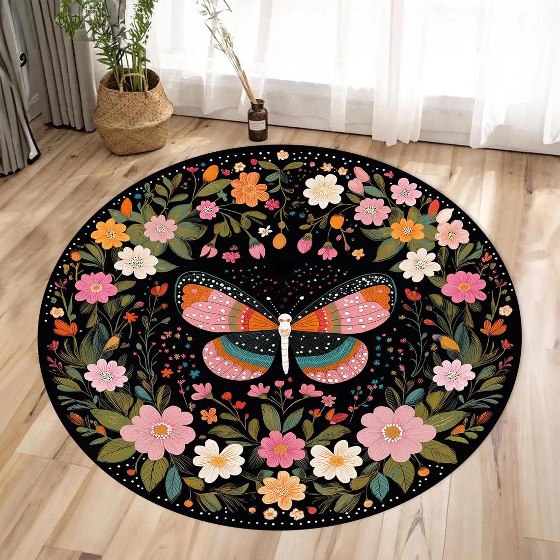 Floral Butterfly Round Rug – Soft Animal-Inspired Area Carpet with Artistic Decor for Living Room & Bedroom Diameter 60cm