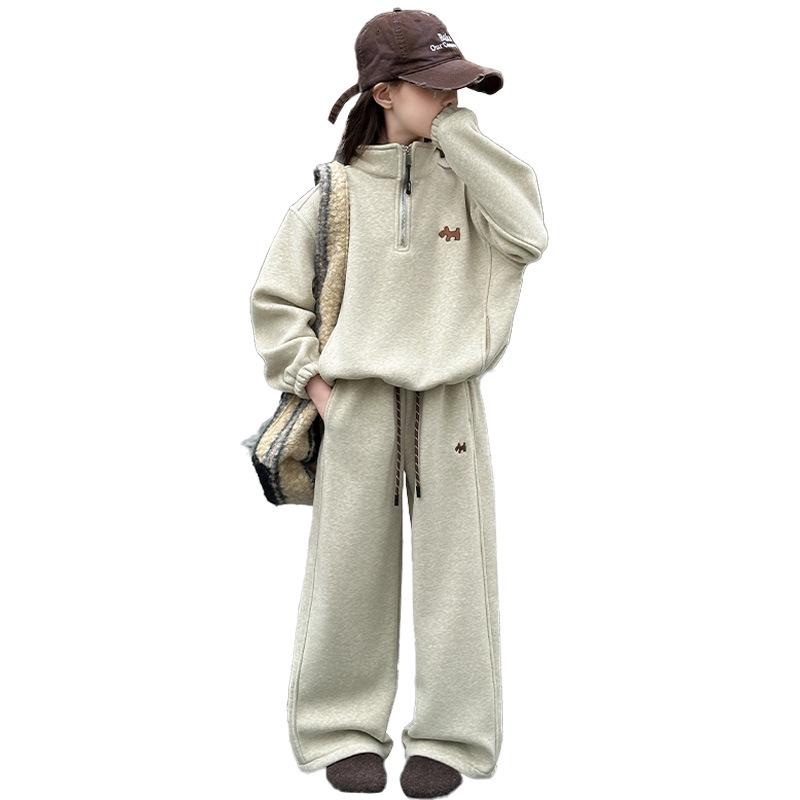 New 2025 Fashion: Girls' Thickened Fleece Lined Sweatshirt Two-Piece Set for Autumn and Winter