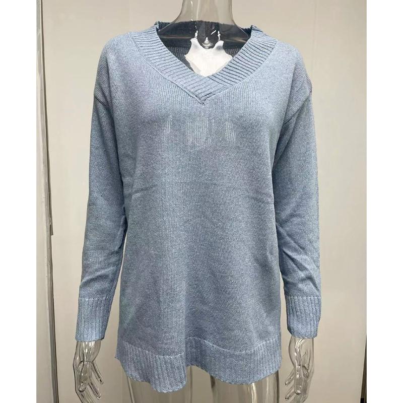 Suéter de Punto de Manga Larga Suelto de Otoño e Invierno con Cuello en V Fino Talla Grande para Mujer Color Sólido Suéteres Tops Casual Cálido Ropa de Punto para Mujer 24773