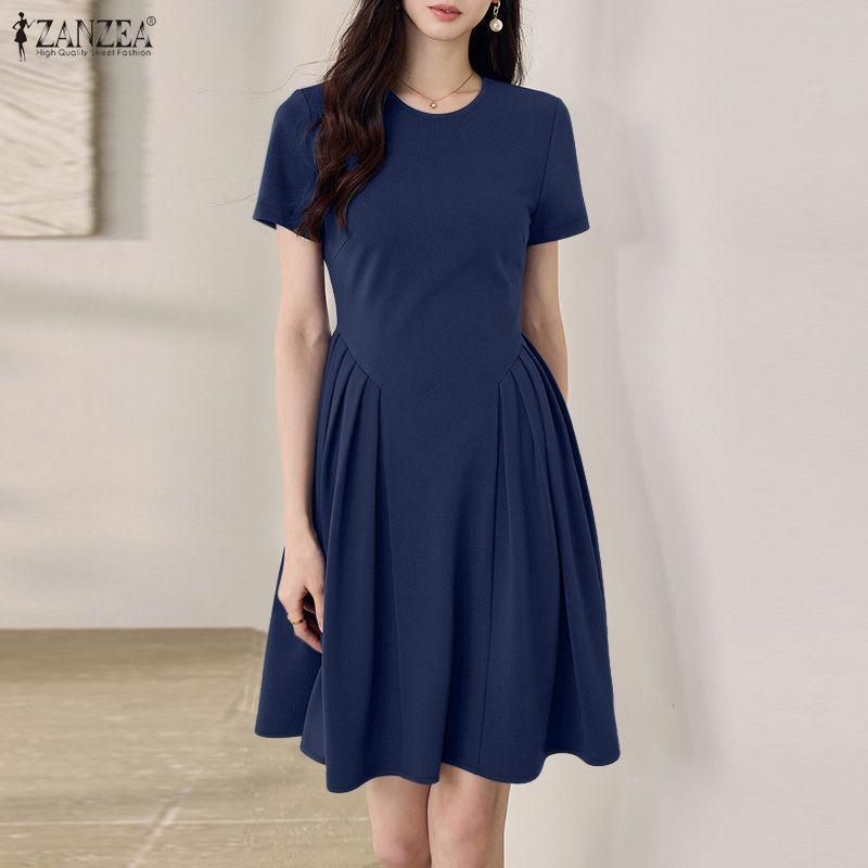 ZANZEA Women Casual Round Neck Solid Color Short Sleeve Dress