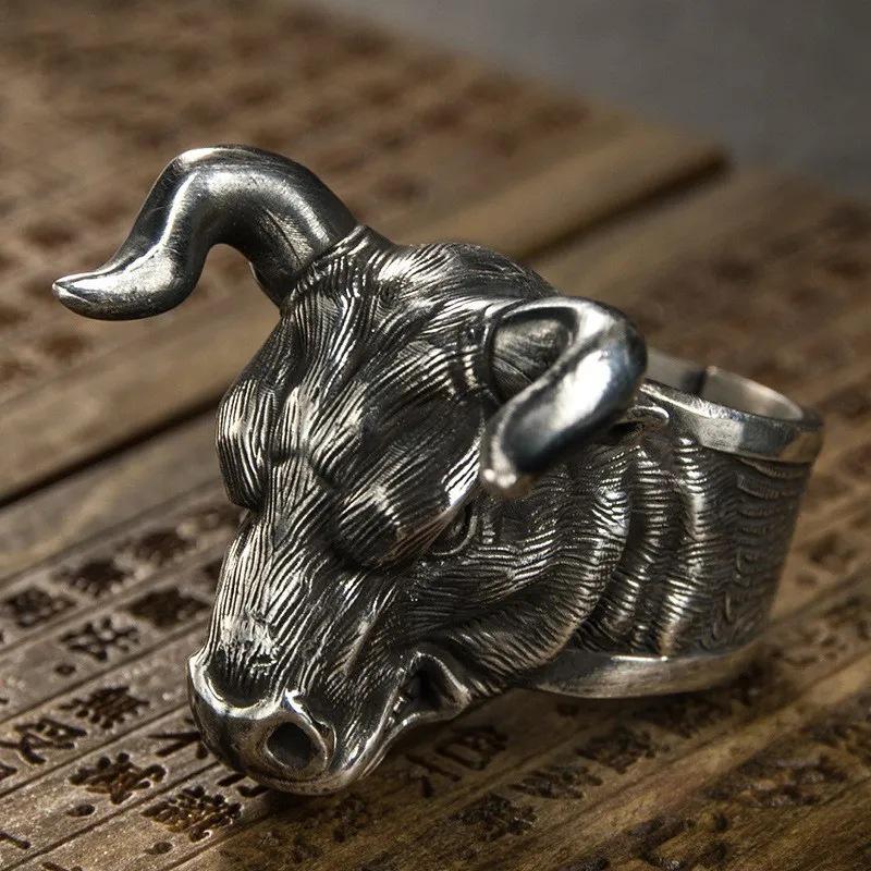 Yintai Feifei Zodiac Ox Silver Ring - Bold Bull Head for Men, Year of the Ox Finger Jewelry