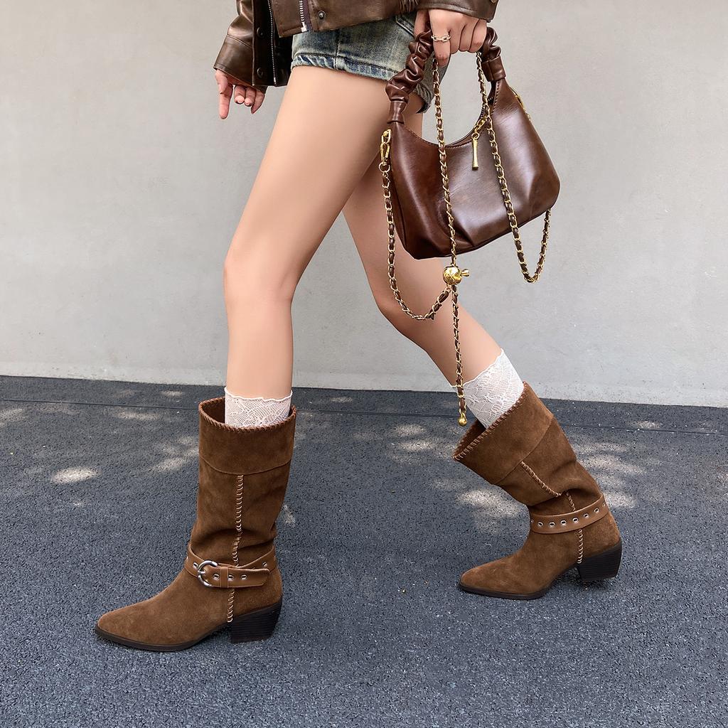 2025 New Vintage Brown Coarse Heel Belt Buckle Pointed Western Cowboy Boots Women's Medium Knight Boots Long Boots