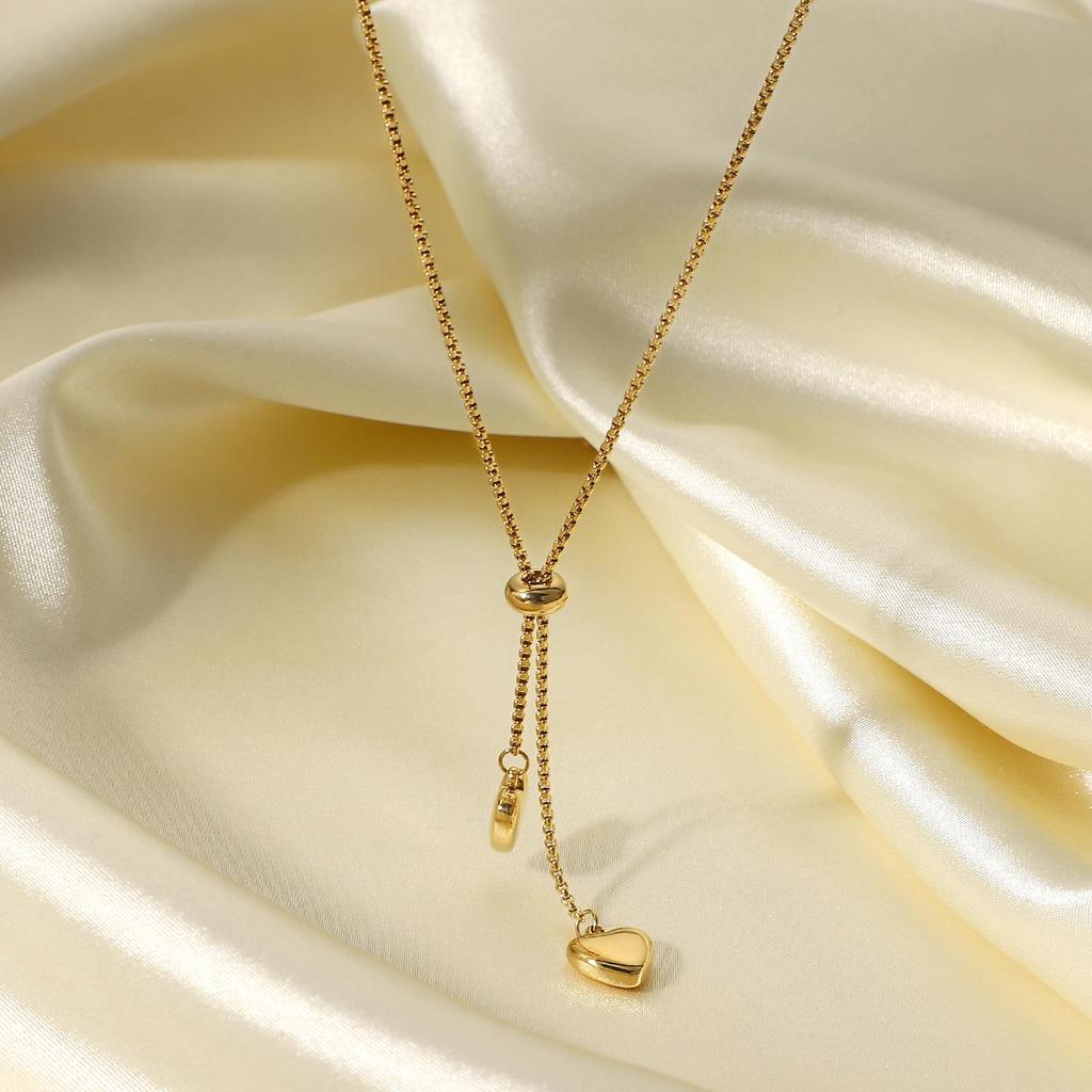 European & American 14K Gold Titanium Y-Shaped Necklace with Double Heart Pendants - Women's Fashion Style.