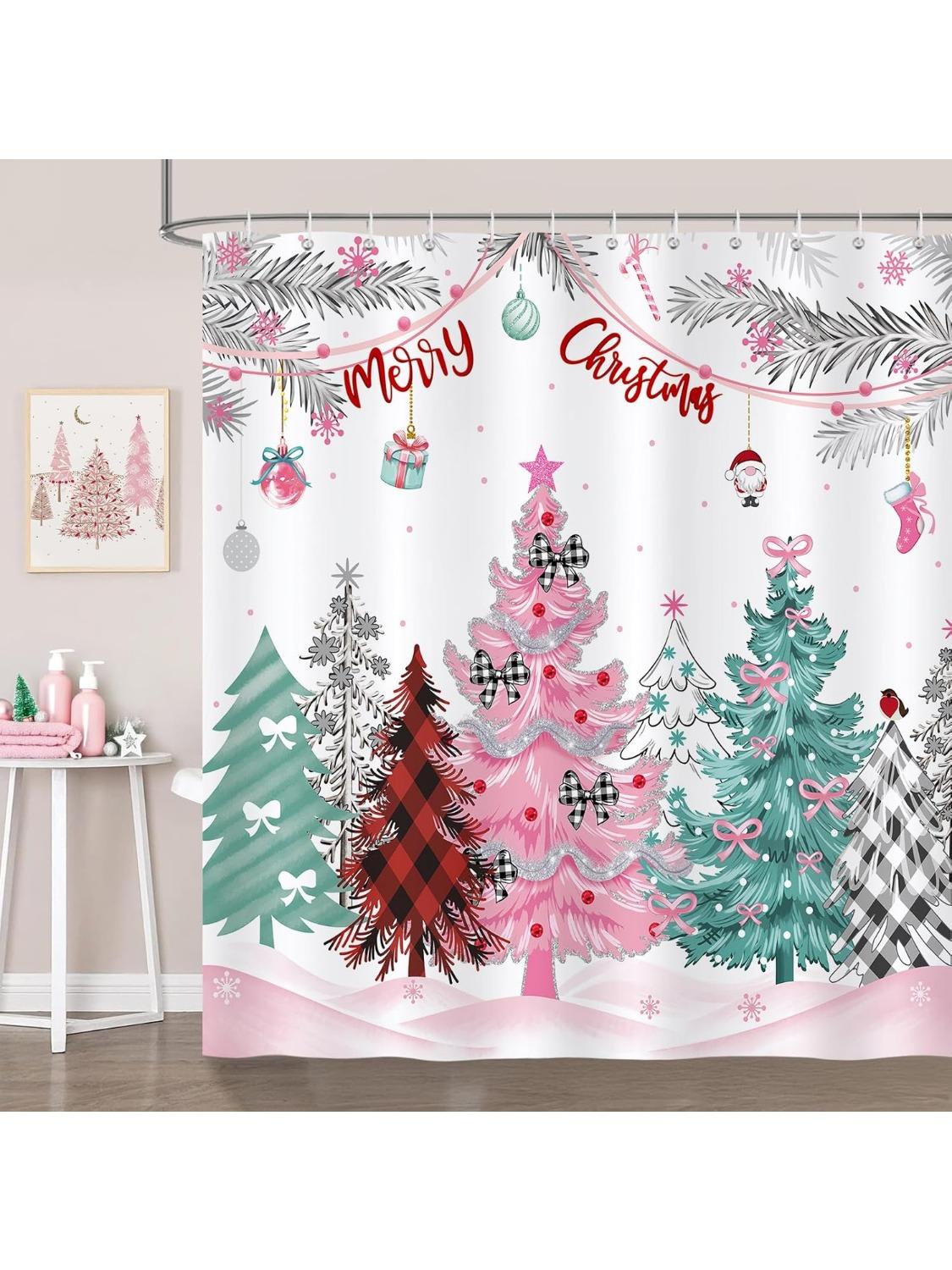 

Merry Christmas Shower Curtain,Pink Green Xmas Tree Pine Branches Winter Holiday Bathroom Decor Polyester Fabric Waterproof Bath W60H190(CM)-1 Pcs