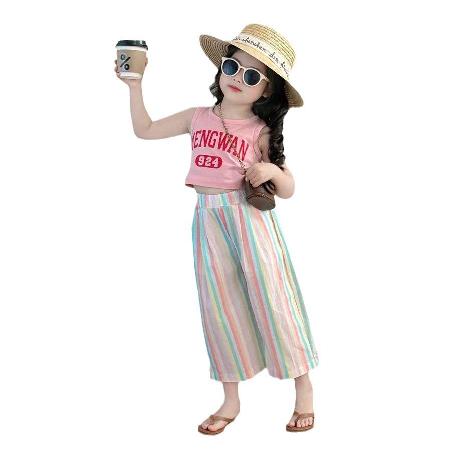 2024 Summer Korean Style Girls' Wide-Leg Pant Set: Trendy Two-Piece with Crop Top & Vest.